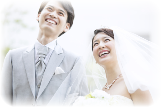 上を見上げる新郎新婦